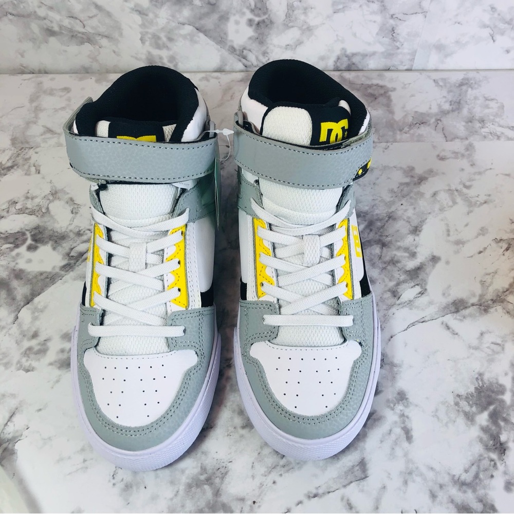 DC Shoes Youth Pure High-Top EV Sneakers Size 5 Color White/Grey/Yellow (WYY).